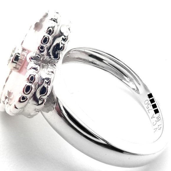 Authentic Van Cleef & Arpels Alhambra 18k White Gold Pink Opal Diamond Ring Cert - Picture 5 of 10